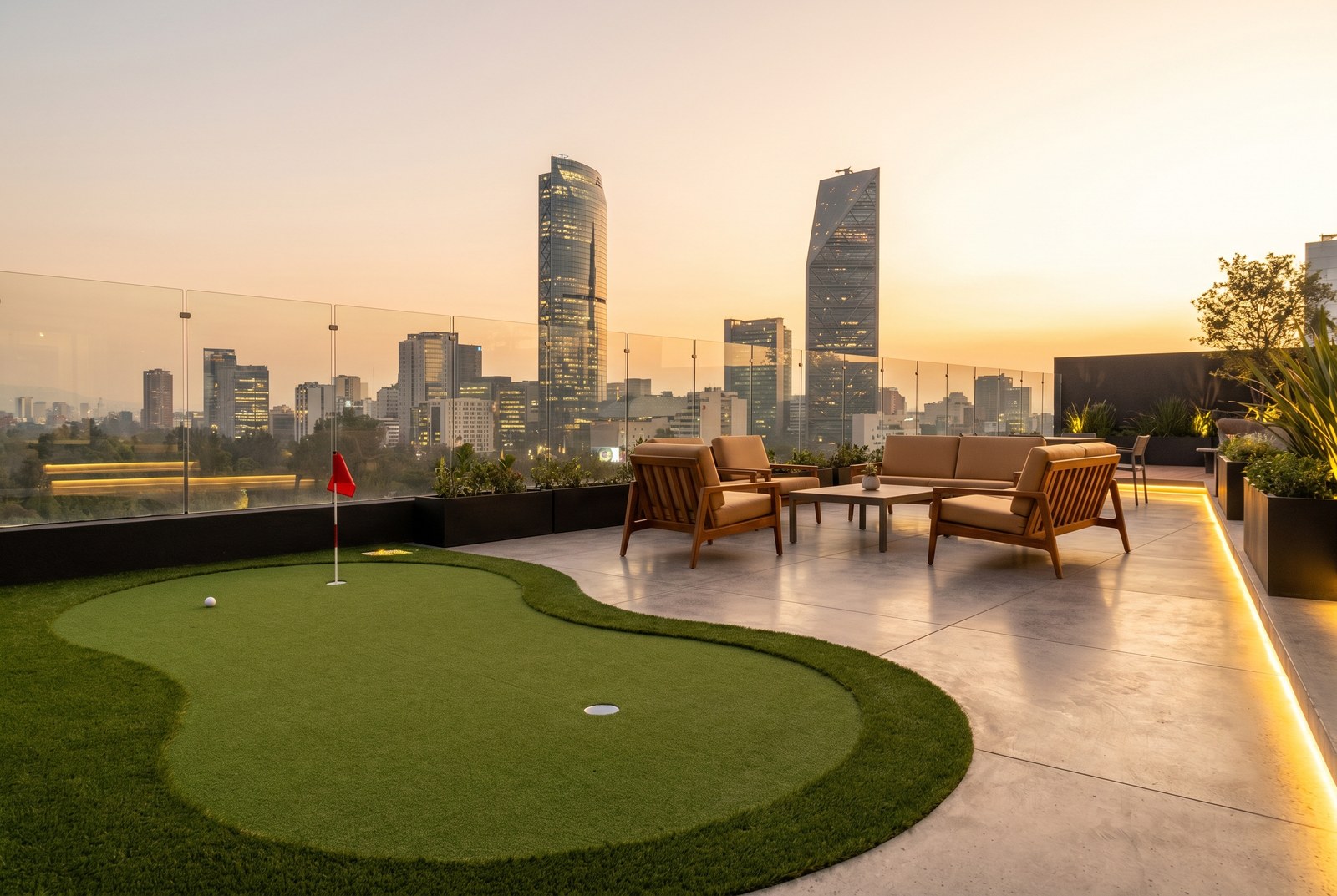 Putting green premium con vista a edificios de Ciudad de México atardecer en Polanco