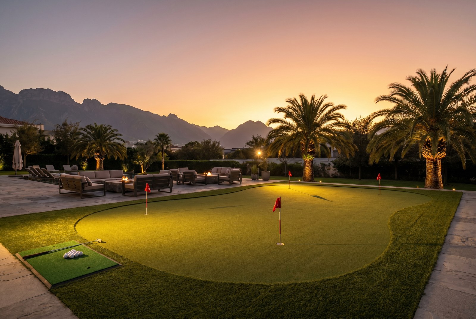 Caso real putting green Estate 126 m² instalado en jardín de residencia San Pedro Garza García con chipping area y LED