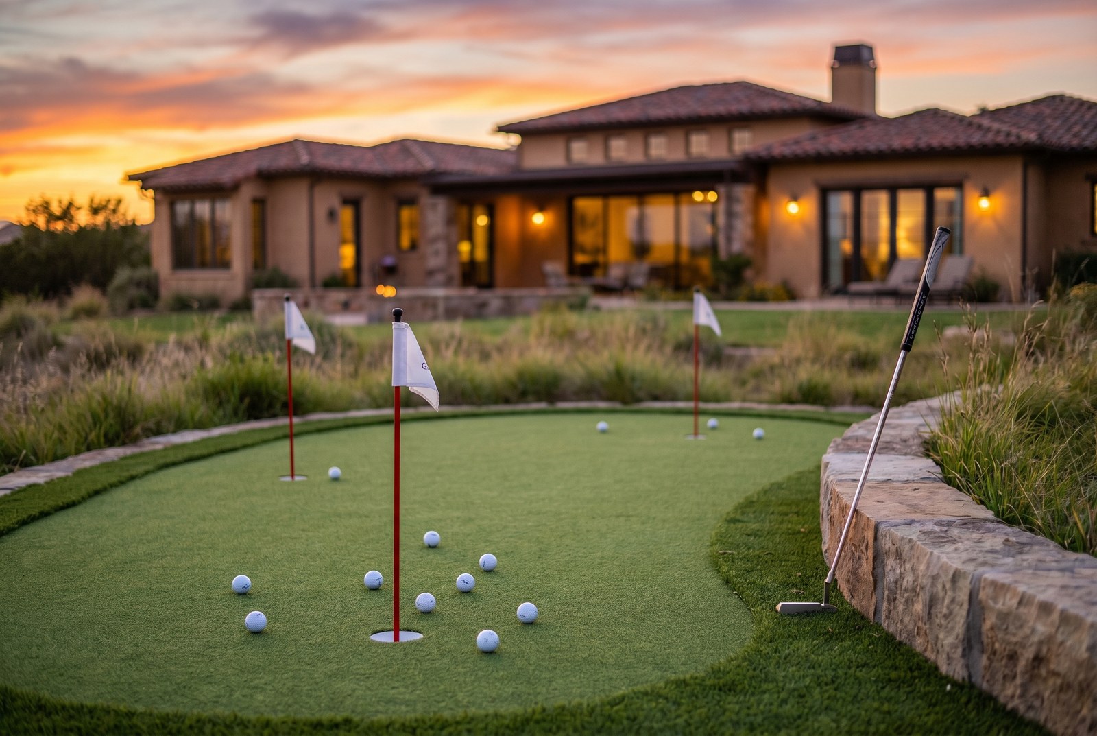 Pasto sintético para golf de pelo corto instalado en putting green residencial donde la bola rueda parejo