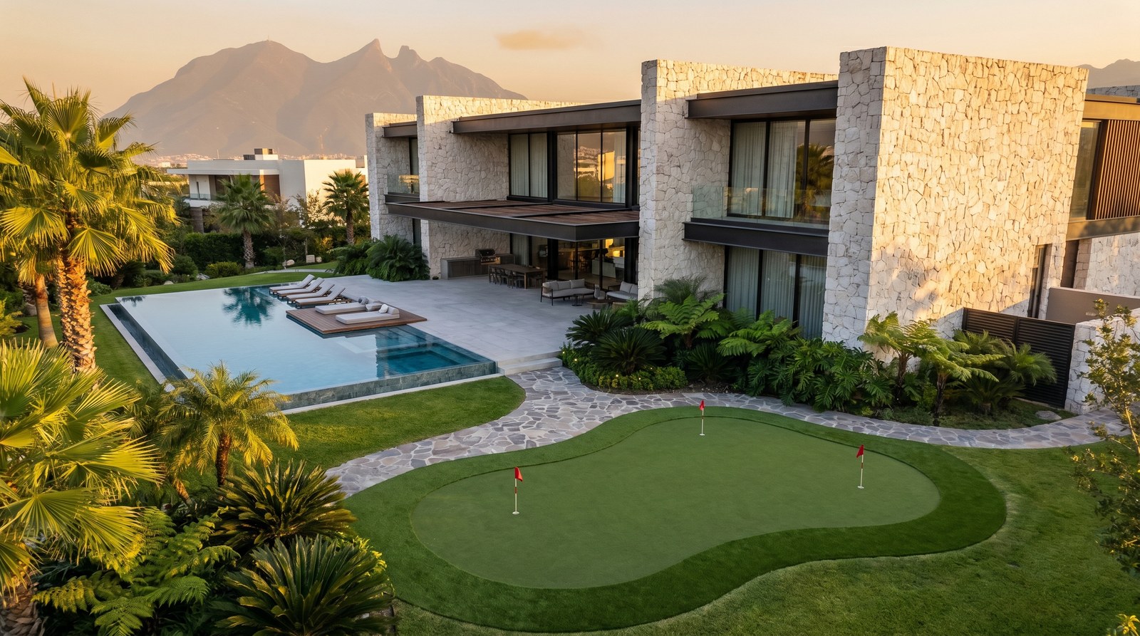 Vista aérea de residencia premium con putting green integrado al jardín en zona Lomas CDMX