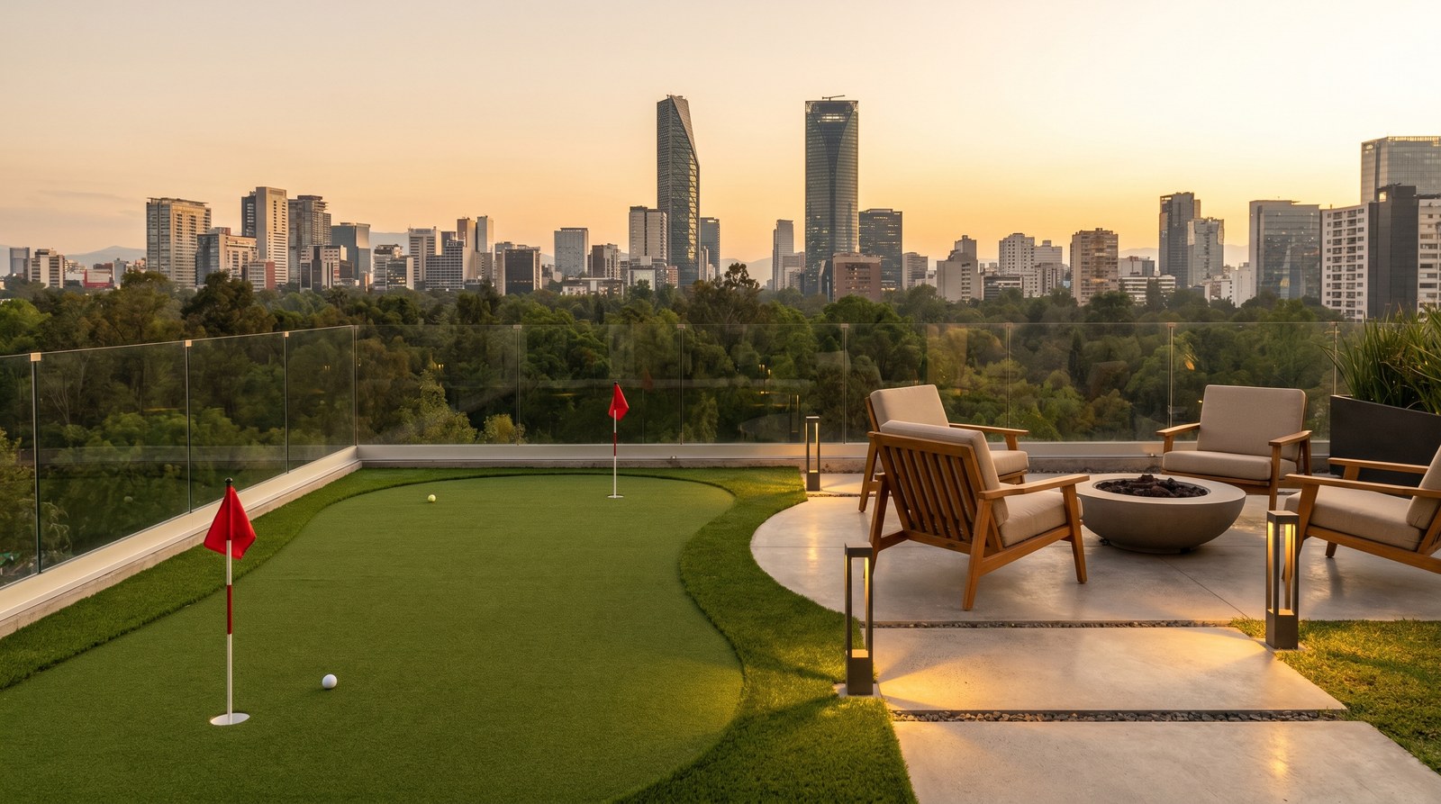 Putting green premium instalado en rooftop con vista al skyline de Ciudad de México al atardecer