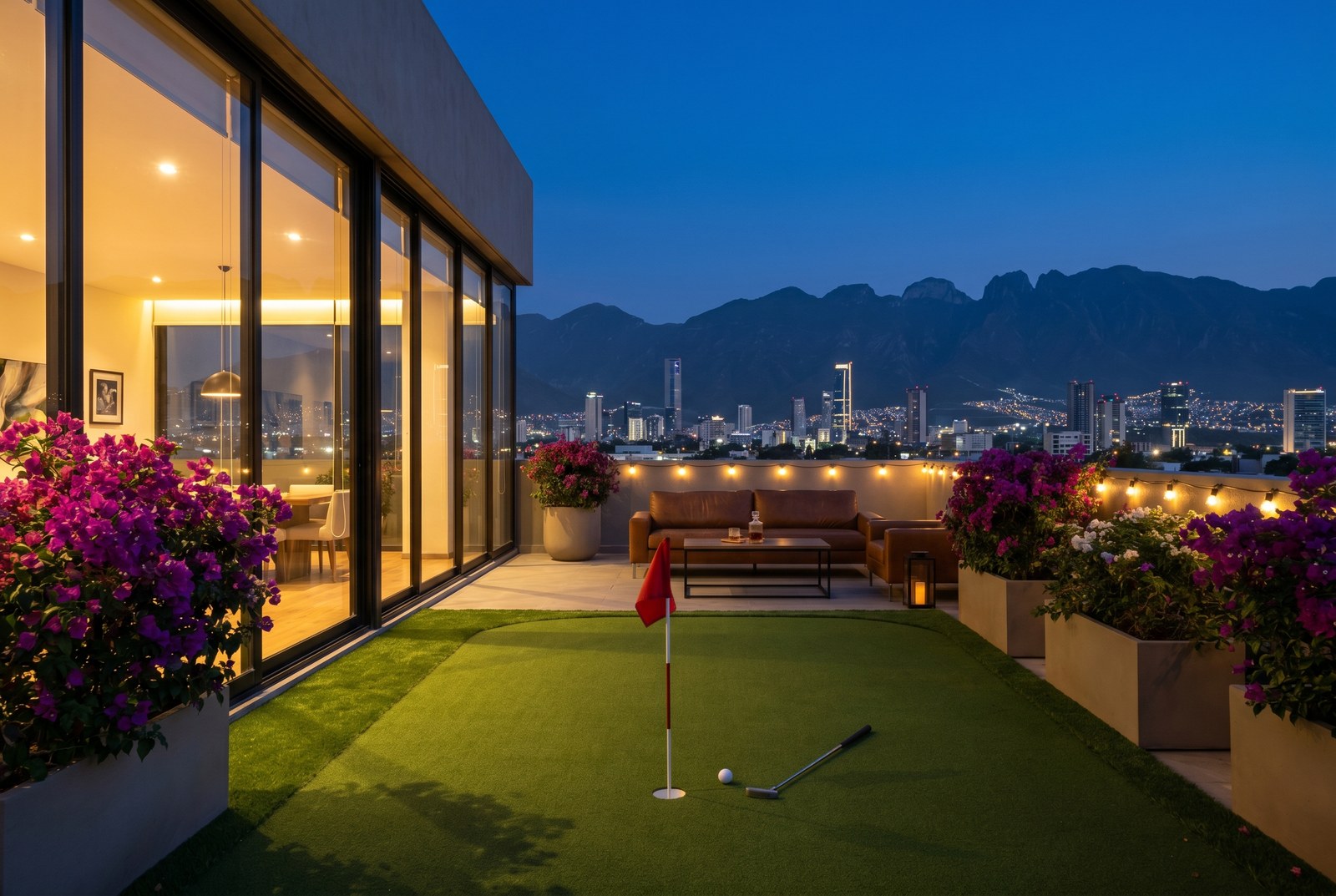 Caso real putting green Compact 12 m² instalado en rooftop de penthouse Polanco CDMX con iluminación LED nocturna